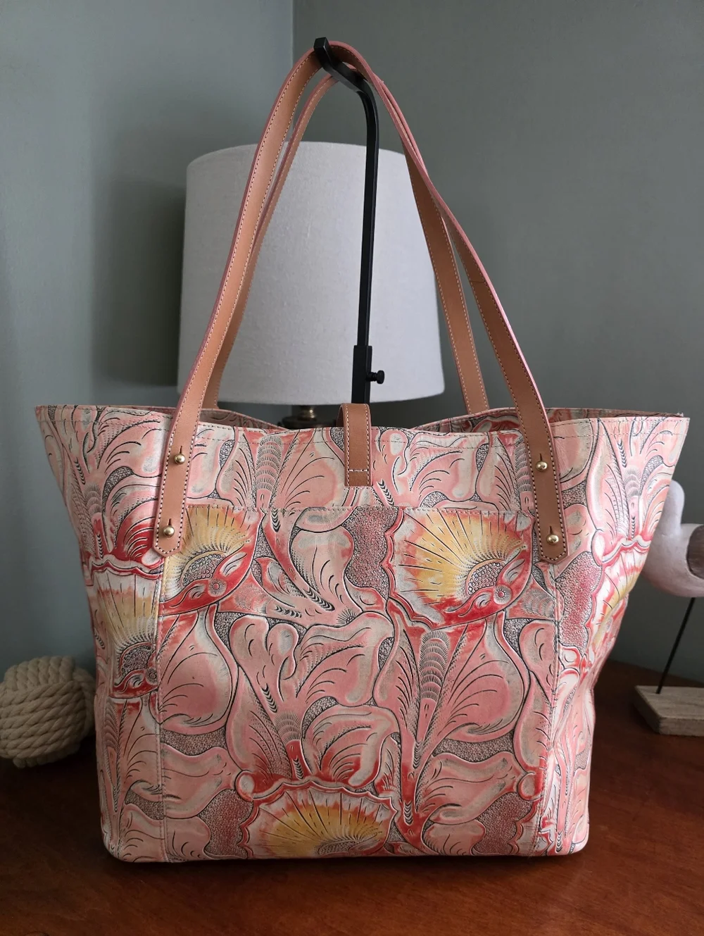 Brahmin All Day Tote Sunset Batik Floral Embossed Leather Tote Bag - Picture 3 of 16